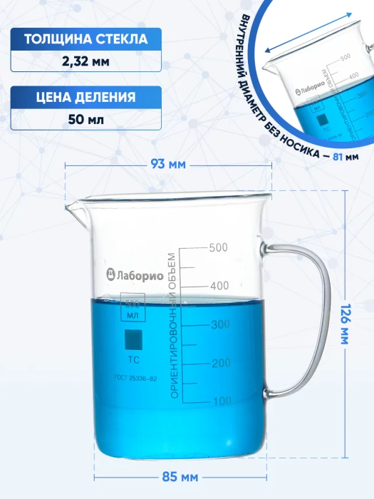 Стакан мерный с ручкой, стекло, 500 мл