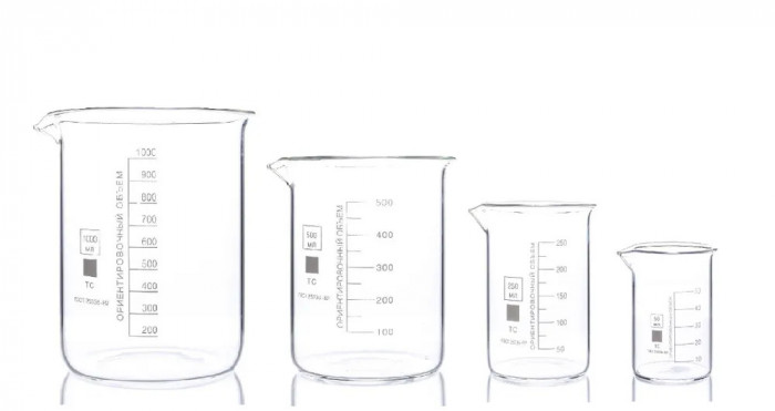 Набор лабораторных стаканов (тип Н, низкий с делениями и носиком, термостойкий) ТС 1000, 500, 250, 50 мл, 6950