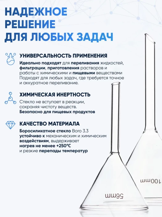 Воронка лабораторная В-75 мм ТС (диаметр 75 мм, длина носика 75 мм, термостойкая), боросиликатное стекло Boro 3.3, Лабор