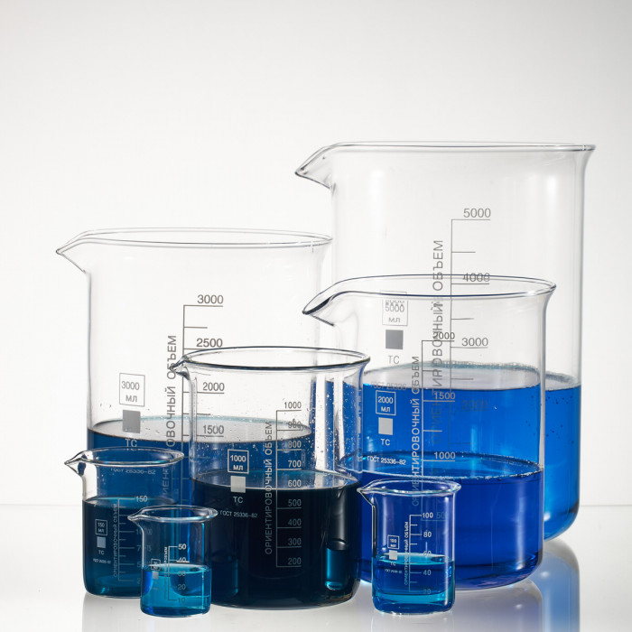 Набор лабораторных стаканов (тип Н, низкий с делениями и носиком, термостойкий) ТС 50 мл, 5 штук, 2718