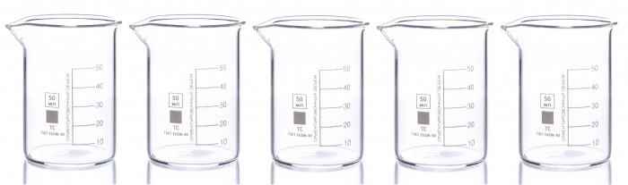 Набор лабораторных стаканов (тип Н, низкий с делениями и носиком, термостойкий) ТС 50 мл, 5 штук, 2718