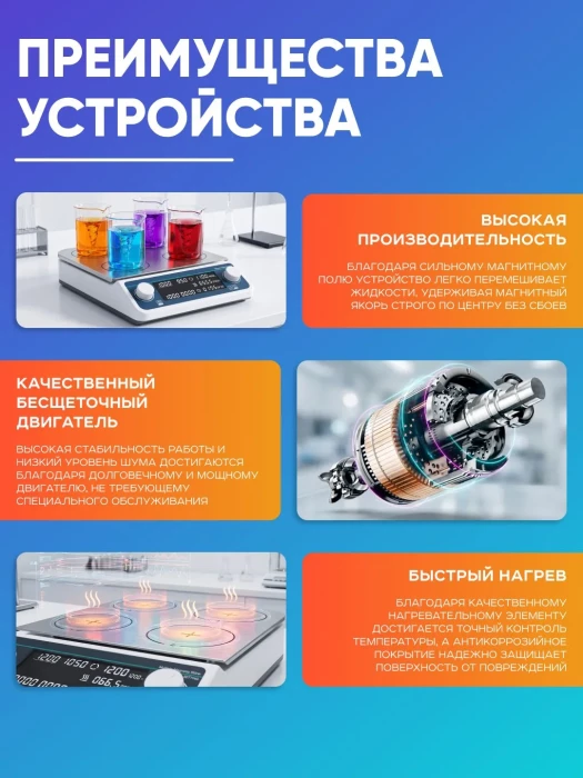 Четырехместная магнитная мешалка с нагревом MHS4Pro, 50-1200 об/мин, 4х500 мл, таймер, LCD дисплей, нагрев платформы +120 С, бесщеточный мотор, Лаборио