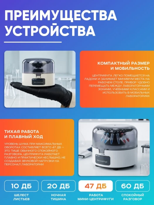 Мини-центрифуга для пробирок 1,5/2 мл х 8 шт + 0,2 мл х 16 шт, 4000 об/мин, ускорение 980 xg, мощность 15 W, Лаборио MC-4K