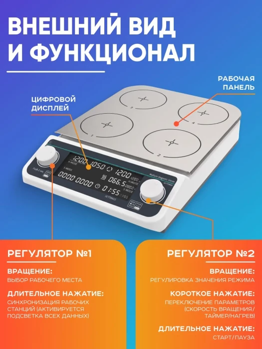 Шестиместная магнитная мешалка с нагревом MHS6Pro, 50-1200 об/мин, 6х500 мл, таймер, LCD дисплей, нагрев платформы +120 С, бесщеточный мотор, Лаборио