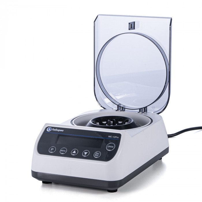 Мини-центрифуга для пробирок 0,2/0,5/1,5/2 мл х 12 шт + 0,2 мл х 32 шт, 12000 об/мин, ускорение 9660 xg, мощность 45 W, цифровое управление, Лаборио MC-12PRO