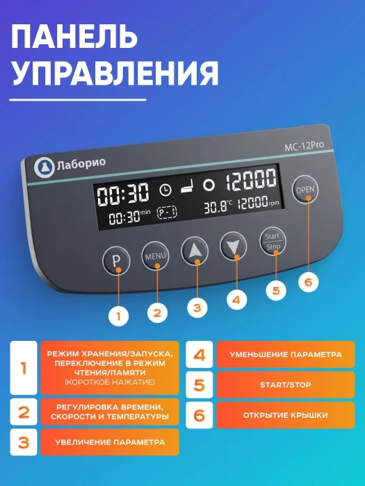 Мини-центрифуга для пробирок 0,2/0,5/1,5/2 мл х 12 шт + 0,2 мл х 32 шт, 12000 об/мин, ускорение 9660 xg, мощность 45 W, цифровое управление, Лаборио MC-12PRO