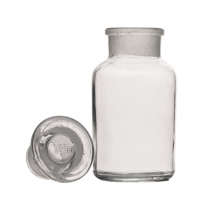 Склянка для реактивов ССШ-125 из светлого стекла с широкой горловиной и притертой пробкой 125 мл