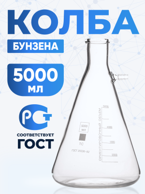 Колба Бунзена 5000 мл (с тубусом) 1-5000, с цилиндрической горловиной