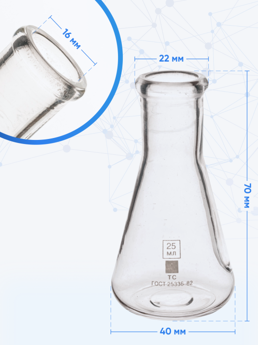 Колба коническая 25 мл (лабораторная: исполнение 2 - с цилиндрической горловиной, тип КН, термостойкая) КН-2-25-22 ТС