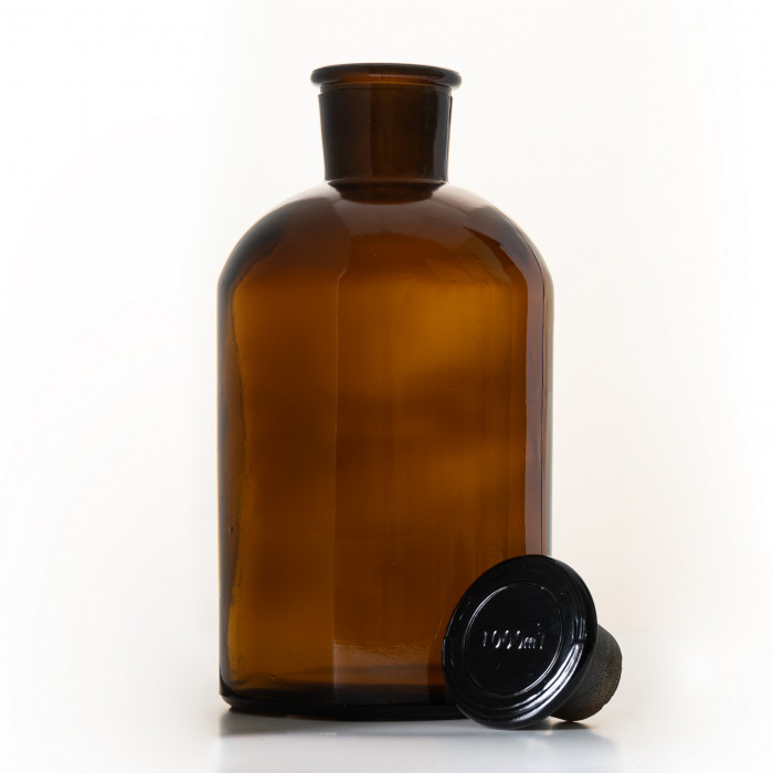 Склянка для реактивов СТУ-1000 из темного стекла с узкой горловиной и притертой пробкой 1000 мл