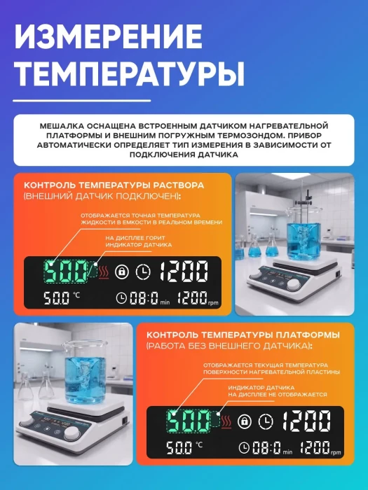 Магнитная мешалка с нагревом на 20 литров с термодатчиком HS550Pro, 100-1500 об/мин, размер платформы 184 мм, температура нагрева платформы до +550*С, мощность 1000 Вт, LCD-дисплей, Лаборио