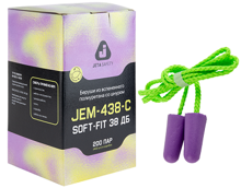 JEM-438-C Беруши противошумные из вспененного пенополиуретана Soft-Fit 38дБ с соединительным шнуром в индивидуальной упаковке