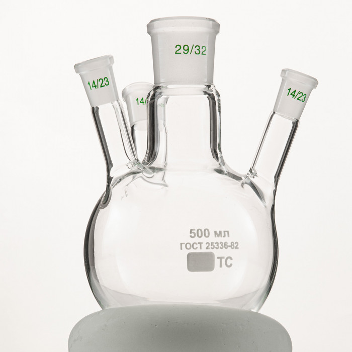 Колба четырехгорлая 500 мл, КГУ-4-1-500-29/32-14/23-14/23-14/23 ТС