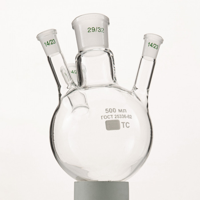 Колба четырехгорлая 500 мл, КГУ-4-1-500-29/32-14/23-14/23-14/23 ТС