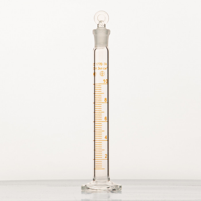Цилиндр 10 мл (мерный: исполнение 2 - с пришлифованной пробкой, на стеклянном основании), 2-10-2