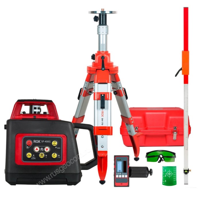 Комплект: ротационный нивелир RGK SP-400G с калибровкой + штатив RGK SH-170 рейка RGK LR-2