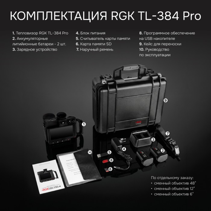 Тепловизор RGK TL-384 Pro с поверкой в комплекте с телеобъективом 12° и широкоугольным объективом 48°