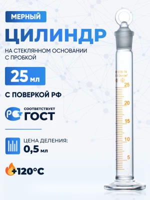 Цилиндр 25 мл (мерный: исполнение 2 - с пришлифованной пробкой, на стеклянном основании), 2-25-2