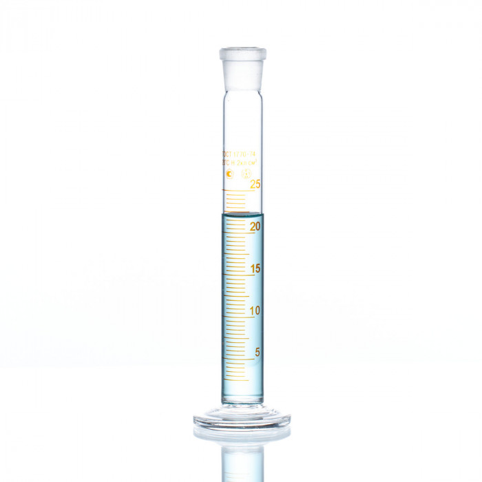Цилиндр 25 мл (мерный: исполнение 2 - с пришлифованной пробкой, на стеклянном основании), 2-25-2