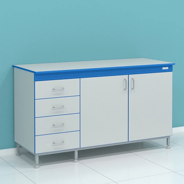 Стол сервисный на опорной тумбе с выдвижными ящиками и дверцами СТ.ССДЯ.150.60.90 HPL16