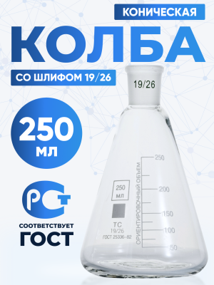 Колба коническая 250 мл, КН-1-250-19/26 ТС