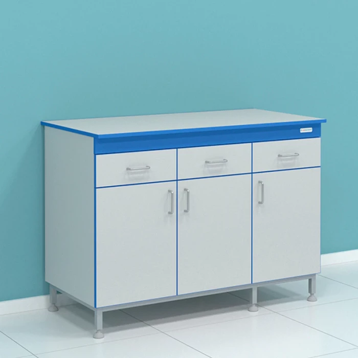 Стол сервисный на опорной тумбе с выдвижными ящиками под столешницей и дверцами СТ.ССК.120.60.90 Н