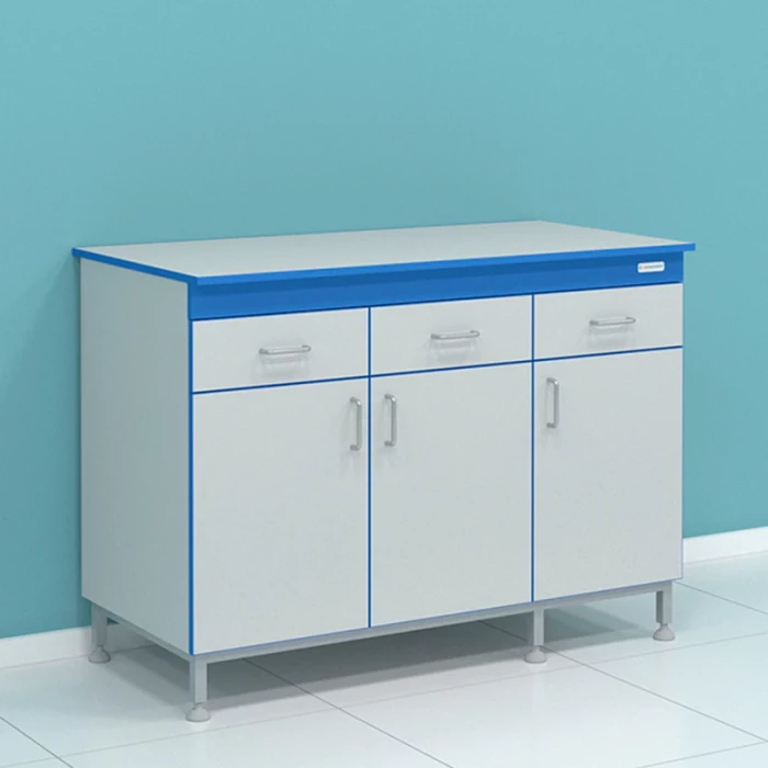 Стол сервисный на опорной тумбе с выдвижными ящиками под столешницей и дверцами СТ.ССК.150.60.90 Л