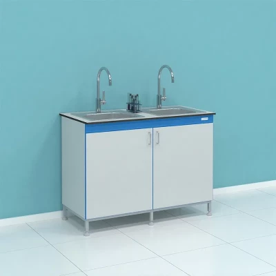 Мойка лабораторная с глухими дверцами и двумя чашами из нержавейки СТ.МЛ2Н.120.60.90