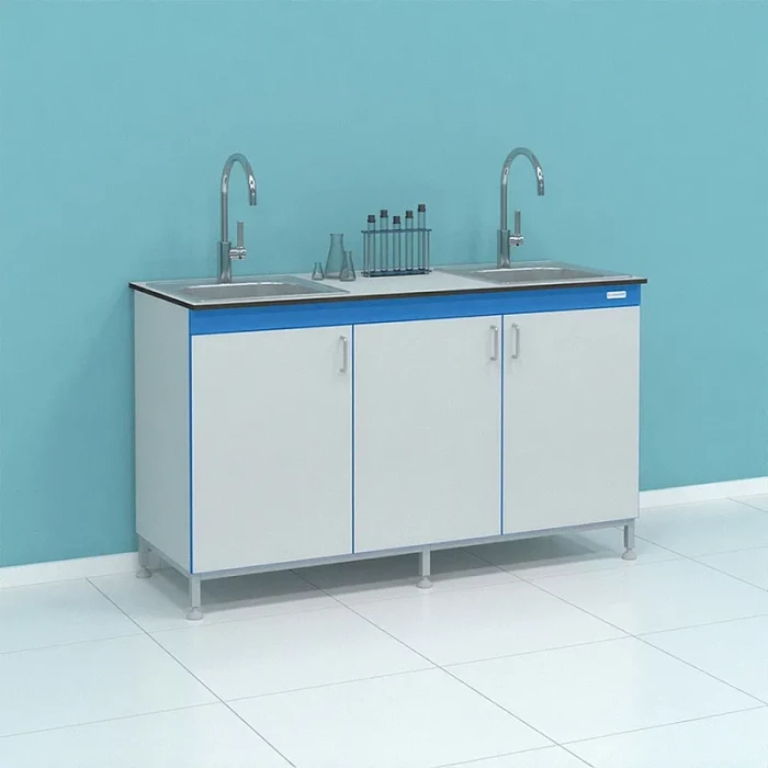 Мойка лабораторная с глухими дверцами и двумя чашами из нержавейки СТ.МЛ2Н.150.60.90