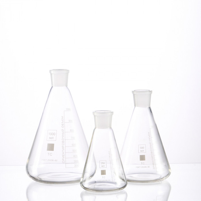 Колба коническая 500 мл (лабораторная тип КН, исполнение 1 - со шлифом, термостойкая) КН-1-500-45/40 ТС (Срок изготовления 60 дней)