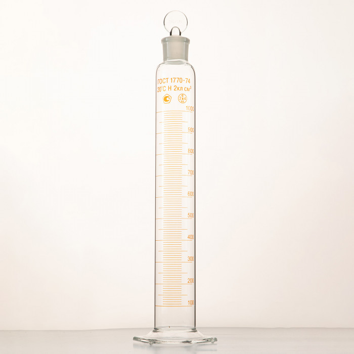 Цилиндр 1000 мл (мерный: исполнение 2 - с пришлифованной пробкой, на стеклянном основании), 2-1000-2