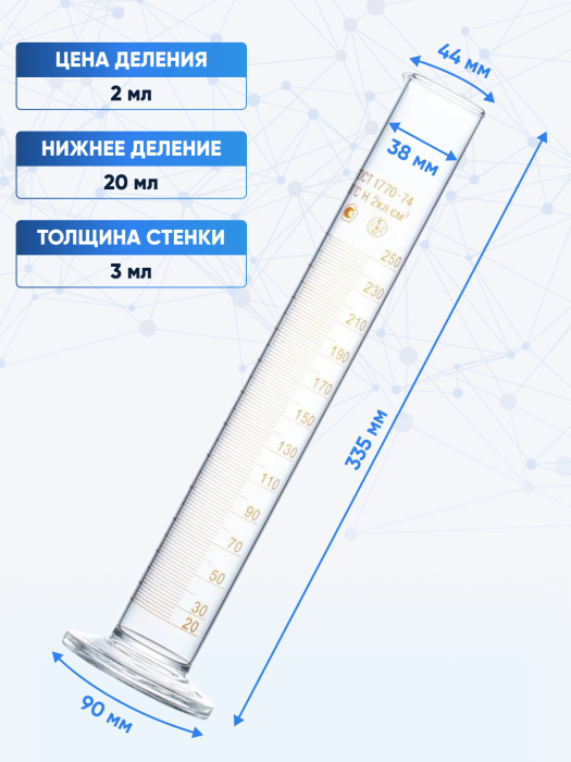 Цилиндр 250 мл (мерный: исполнение 1 - на стеклянном шестиугольном основании), 1-250-2, Лаборио