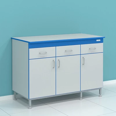 Стол сервисный на опорной тумбе с выдвижными ящиками под столешницей и дверцами СТ.ССК.150.60.90 МК