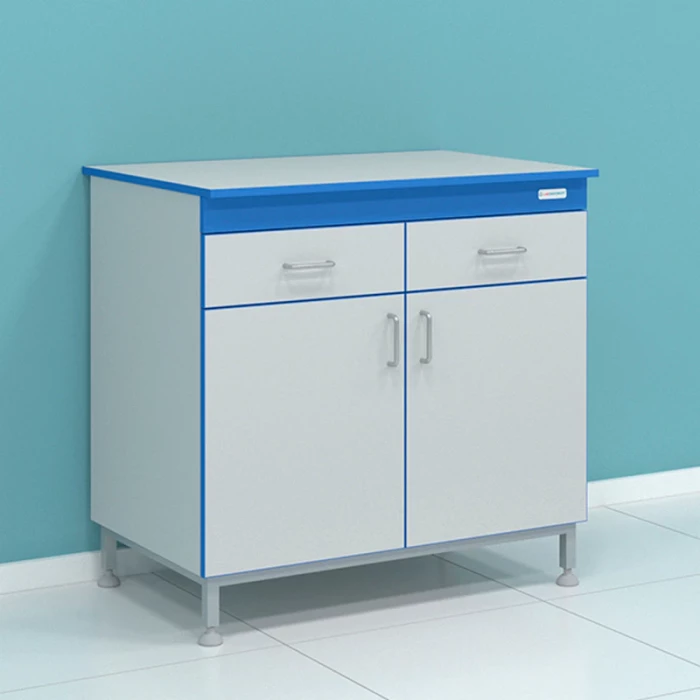 Стол сервисный на опорной тумбе с выдвижными ящиками под столешницей и дверцами СТ.ССК.90.60.90 HPL0.9