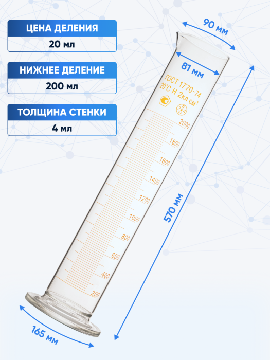 Цилиндр 2000 мл (мерный: исполнение 1 - на стеклянном основании), 1-2000-2, Лаборио
