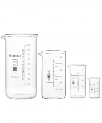 Набор лабораторных стаканов (тип В, высокий с делениями и носиком, термостойкий) ТС 1000, 600, 250, 50 мл, 4622