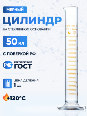 Цилиндр 50 мл (мерный: исполнение 1 - на стеклянном основании), 1-50-2, Лаборио
