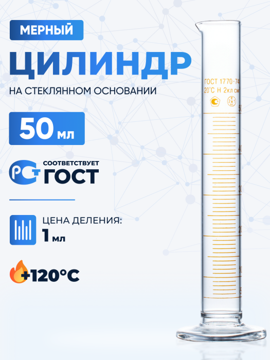 Цилиндр 50 мл (мерный: исполнение 1 - на стеклянном основании), 1-50-2, Лаборио