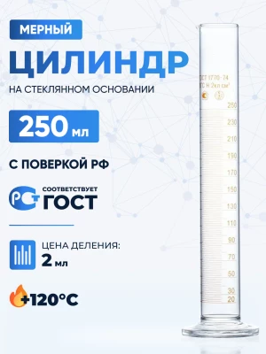 Цилиндр 250 мл (мерный: исполнение 1 - на стеклянном основании), 1-250-2