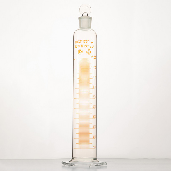 Цилиндр 2000 мл (мерный: исполнение 2 - с пришлифованной пробкой, на стеклянном основании), 2-2000-2